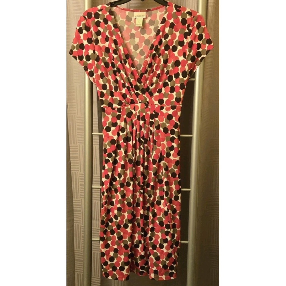 Motherhood Maternity Dress Womens Sz L Pink Polka Dot Stretch V-Neck Waist Tie